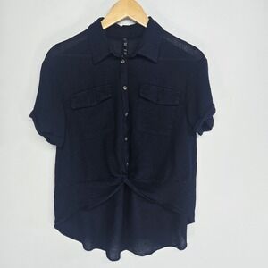 Zara TRF Button Down Women XS Navy Blue Knot Front High‎ Low Short Sleeve Shirt